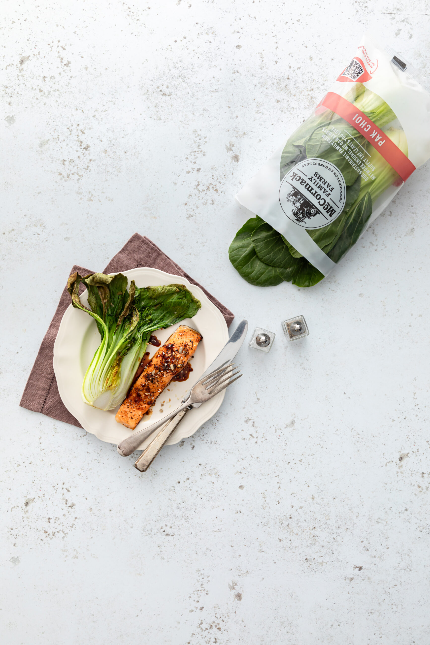 Air Fryer Salmon with Pak Choi and bag of Pak Choi